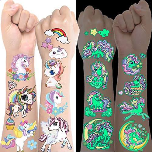 Einhorn Tattoo Kinder Glitzer, 150+ Hautfreundlich Leucht Kindertattoos, Spiel Spielzeug Kostüm Geburtstag Sticker Ostern Geschenke Mädchen ab 4 5 6 7 8 9 Jahre, kleine Ostergeschenke Kinder Mädchen von BOYATONG