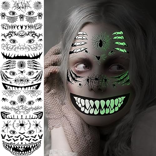 5 Blätter Halloween Tattoos Gruselig Leucht im Dunkle, Karneval Gesichtstattoo , Temporäre Tattoos Halloween für Schminke Halloween Fasching Masquerade Karneval Party von BOYATONG