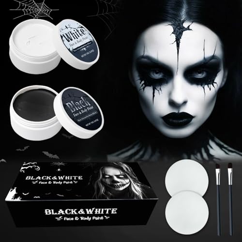 140g Halloween Schminke Schwarz Weiß（70g pro Stück）mit 2 Pinseln+2 Puderquaste, Gesichtsfarbe Halloween Make up, für Theaterschminke Skelett Zombie Vampir Schminke Faschingsschminke von BOYATONG