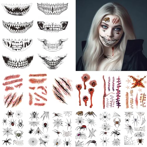 Halloween Tattoo Gesicht, 20 Blatt Halloween Kostüm Kinder Erwachsene Fake Tattoos, Halloween Kostüm Damen Schminke Accessoires, Zombie Vampir Horror Make Up Sticker, Halloween Deko Party Mitgebsel von BOYATONG