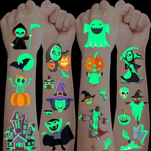 Halloween Tattoos, 20 Blätter Leucht tattoo Kinder Gruselig, Kürbis Hexe Fledermaus Kindertattoos Aufkleber Gesicht für Halloween Deko Kinderparty Mitgebsel Spiel, Halloween Kinder Kostüme Zubehör von BOYATONG