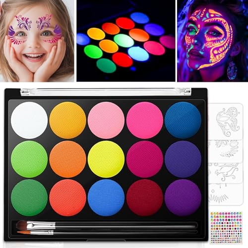 Kinderschminke Fasching,15 Farben Theaterschminke Gesichtsfarben Kinderschminken,UV Bodypainting Farben Face Paint Kids,Schminke Karneval Fasching Kinderschminke Wasserbasis,Faschingsschminke Kinder von BOYATONG