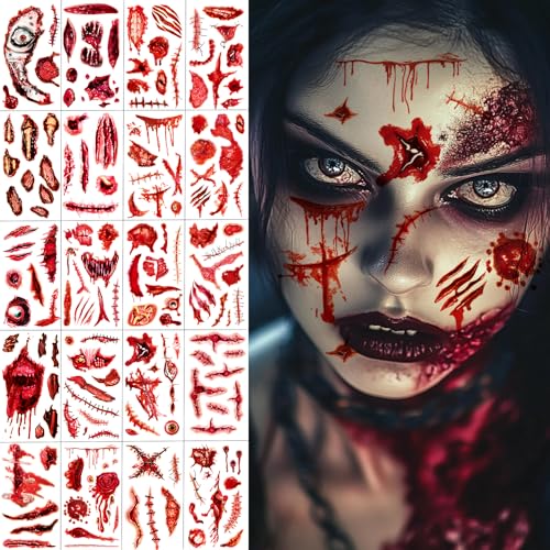 20 Blatt Narben Halloween Tattoo Gesicht, Fake Wunden Vampir Zombie Blutige Horror Tattoo, für Halloween Kostüm Damen Herren Kinder Erwachsene Make up von BOYATONG