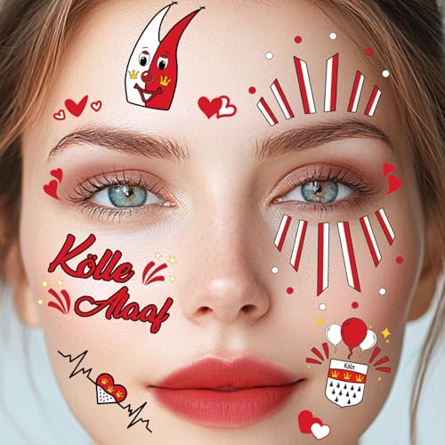 Gesichtstattoo Karneval, 2 Blatt Kölner Karneval Kostüm Damen Herren Gesicht Aufkleber, Klebetattoos Kölle Alaaf Rot Weiss Herz Face Fake Tattoos, Erwachsene Kinder Fasching Schminke Accessoires von BOYATONG