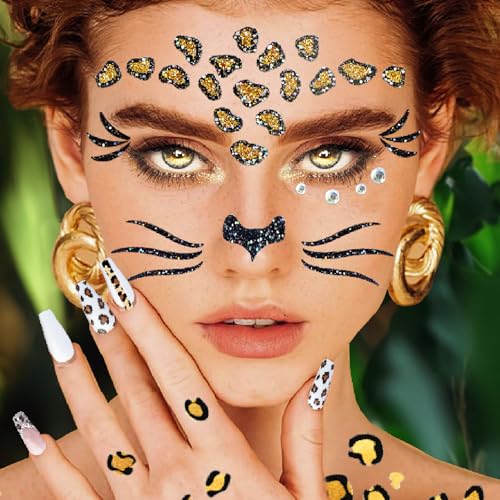 3-teilig Leoparden Gesichtstattoo Karneval Erwachsene & Kinder, Temporäres Glitter Gesichtstattoo, Leoparden Stickers und Nagelsticker, Glitzer Tattoo Set für Fasching, Karneval & Motto Partys von BOYATONG