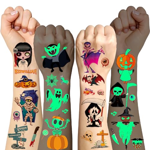 20 Blatt Halloween Tattoo Kinder, Leuchtende Temporäre Tattoos für Kinder Halloween Schminke, Halloween Geschenke aufkleber für Halloween Party Deko, Halloween Mitgebsel Gesichtstattoo Halloween von BOYATONG