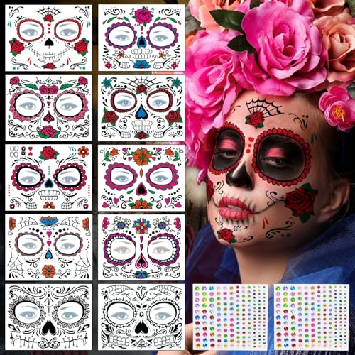 Halloween Gesichtstattoo, Tag der Toten Tattoos Totenkopf, Kinder Erwachsene Schminke Gesicht Tattoo, Karneval Herren Damen Dia De Los Muertos Kostüm Make up Aufkleber für Maskerade Fasching Party von BOYATONG