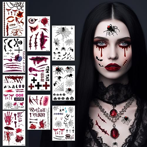 Halloween Tattoo, 10 Blatt Halloween Karneval Kostüm Damen Herren Gesicht Aufkleber, Zombie Vampir Hexen Horror Narben Wunden Gruselig Gesichtstattoo, Erwachsene Kinder Fasching Schminke Accessoires von BOYATONG