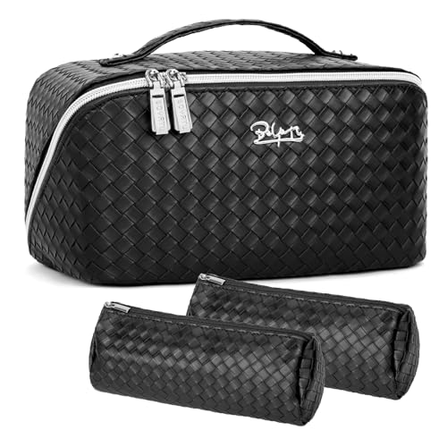 BOYATU 3 x Reise-Kosmetiktasche für Damen, große Make-up-Tasche, tragbare Reise-Make-up-Tasche für Damen, Make-up-Organizer-Tasche, Braid-Black von BOYATU