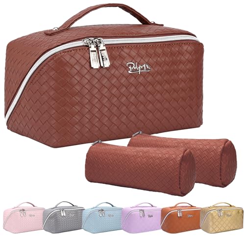 BOYATU 3 x Reise-Kosmetiktasche für Damen, große Make-up-Tasche, tragbare Reise-Make-up-Tasche für Damen, Make-up-Organizer-Tasche, Braid-Brown, Geflecht von BOYATU