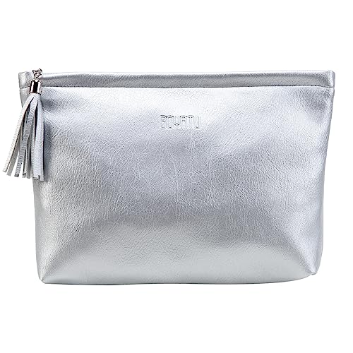 BOYATU Kosmetiktasche für Frauen, modische Make-up-Tasche aus weichem Leder, Reise-Kulturbeutel in Geschenkbox, ästhetisches Geschenk für Frauen, Reiseutensilien (Silber) von BOYATU