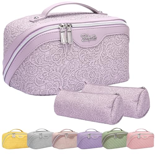 BOYATU Reise-Kosmetiktasche aus Leder für Frauen mit 2 Taschen, große Make-up-Tasche, tragbare Reise-Make-up-Tasche für Damen, Make-up-Organizer-Tasche, Lila 15, modisch von BOYATU