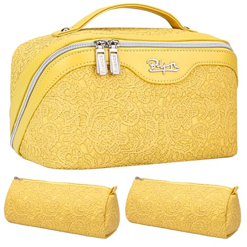 BOYATU Reise-Kosmetiktasche aus Leder für Frauen mit 2 Taschen, große Make-up-Tasche, tragbare Reise-Make-up-Tasche für Damen, Make-up-Organizer-Tasche, gelb, 7 von BOYATU