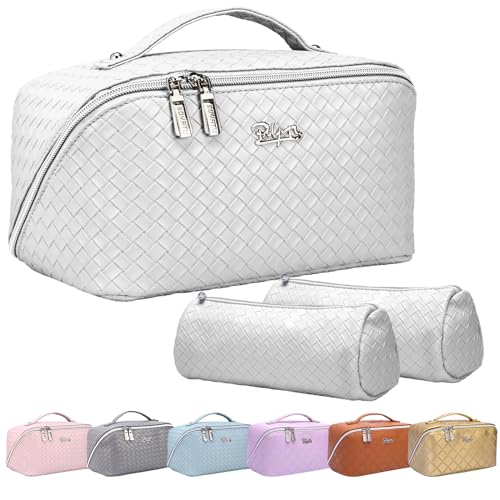 BOYATU Reise-Make-up-Tasche, Kosmetiktasche für Damen: 3er-Pack Leder-Make-up-Tasche, wasserdichte Kulturtasche – Make-up-Tasche Organizer mit Trennwand, Braid-White, modisch von BOYATU