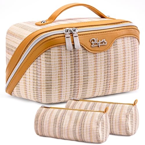 BOYATU Reise-Make-up-Tasche, Kosmetiktaschen für Frauen: 3-teiliges Set, tragbare Make-up-Tasche mit Griff, veganes Leder, Kulturbeutel mit Fächern, Make-up-Organizer für Reiseutensilien, C-08-Gold von BOYATU