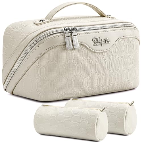 BOYATU Reise-Make-up-Tasche für Damen: Kosmetik-Organizer-Tasche mit Fächern, Leder-Make-up-Taschen, 3er-Set, A-01, Weiß von BOYATU