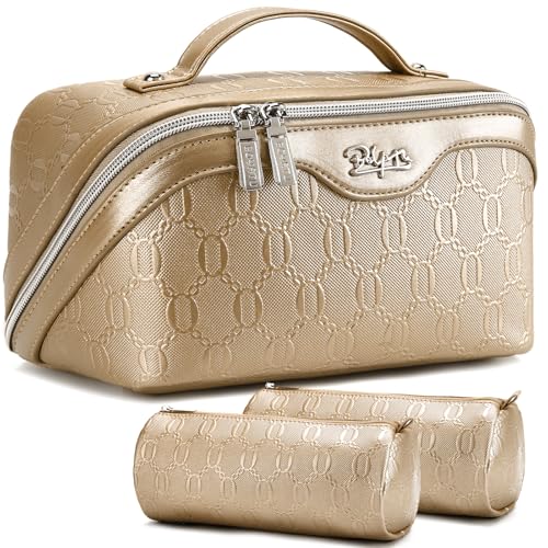 BOYATU Reise-Make-up-Tasche für Damen: Kosmetik-Organizer-Tasche mit Fächern, Leder-Make-up-Taschen, 3er-Set, A-04-Goldgelb von BOYATU