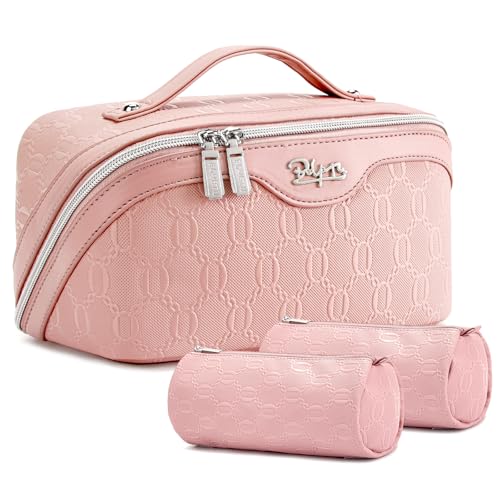 BOYATU Reise-Make-up-Tasche für Damen: Kosmetik-Organizer-Tasche mit Fächern, Leder-Make-up-Taschen, 3er-Set, A-05-Rosa von BOYATU