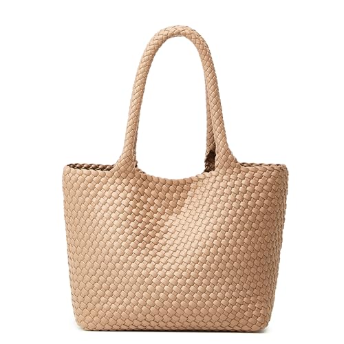 Gewebte Tragetasche für Damen: veganes Leder Schulterhandtaschen – modische Sommer-Strand-Tragetaschen – große Reisetaschen, L-1khaki, Large von BOYATU