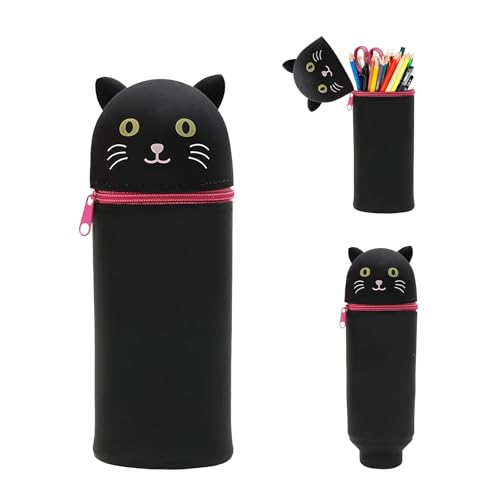 BOYIFEIJIE Kawaii Federmäppchen,2-in-1 Weichem Silikon Stiftemäppchen, Cartoon Stifthalter, Stand Up Reißverschluss Federmäppchen, Kawaii Federmappe für Schulbeginn Mädchen Jungen-Katze von BOYIFEIJIE