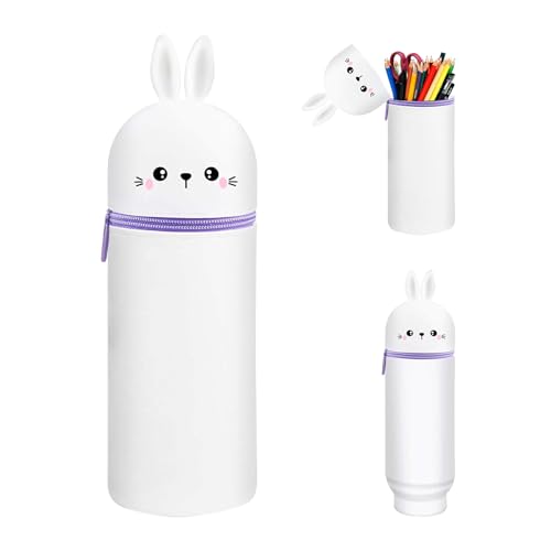 BOYIFEIJIE Kawaii Federmäppchen,2-in-1 Weichem Silikon Stiftemäppchen, Cartoon Stifthalter, Stand Up Reißverschluss Federmäppchen, Kawaii Federmappe für Schulbeginn Mädchen Jungen-Kaninchen von BOYIFEIJIE