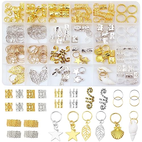 206 Stück Perlen für Haarzöpfe, Dreadlock-Schmuck, Haarschmuck für Zöpfe, Metall-Gold- und Silber-Zopfringe, Manschetten und Clips für Männer und Frauen, Dreadlock-Zubehör von BOYIVI