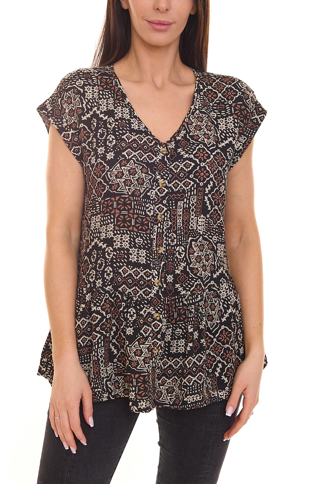 BOYSEN`S Damen Blusen-Top Kurzarm-Shirt mit Allover-Print 87451654 Schwarz/Braun von BOYSEN´S