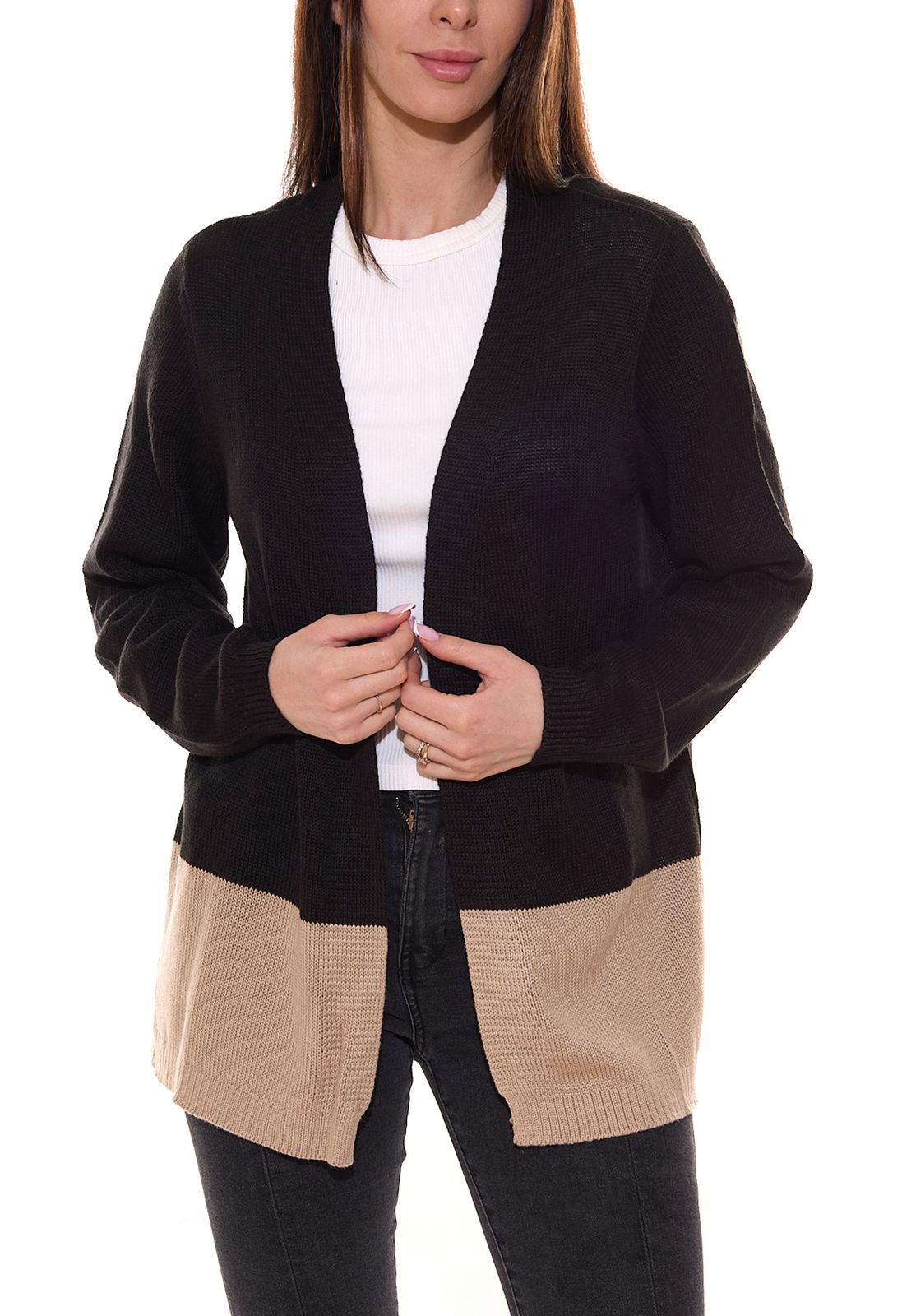 BOYSEN´S Damen Cardigan zweifarbige Strick-Jacke im Edge-to-Edge-Style 16874266 Schwarz/Beige von BOYSEN´S