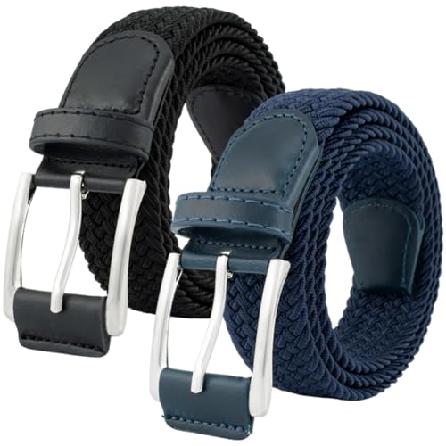 BOZEVON 2 Stücke Elastischer Flechtgürtel - Unisex Verstellbar Stretchgürtel Geflochtener Gürtel Business Stoffgürtel Gürtel Lässiger Gürtel für Damen und Herren Länge 105 cm - Schwarz+Blau von BOZEVON