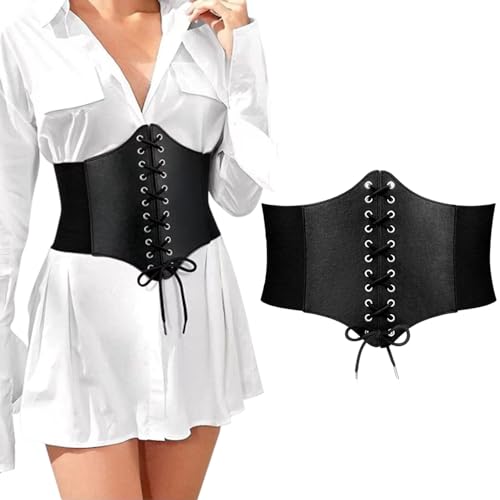 BOZEVON Damen Korsett Gürtel - Schwarz Frauen Tied Waspie Gürtel Schnürkorsett Gebundener Vintage Elastischen Taille Gürtel Breiten Band für Tägliches Tragen Cosplay Halloween Kostüm, 103cm von BOZEVON