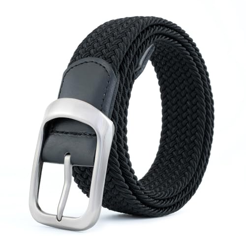 BOZEVON Elastischer Gürtel Herren - Geflochtener Stretchgürtel Unisex Gewebter Gürtel Lässiger Gürtel Verstellbar Stretchgürtel Männer Flechtgürtel (Schwarz Silber) von BOZEVON