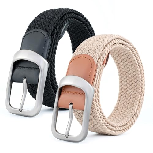 BOZEVON Elastischer Gürtel Herren - Geflochtener Stretchgürtel Unisex Gewebter Gürtel Lässiger Gürtel Verstellbar Stretchgürtel Männer Flechtgürtel (Schwarz Silber + Beige) von BOZEVON