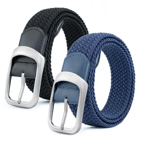 BOZEVON Elastischer Gürtel Herren - Geflochtener Stretchgürtel Unisex Gewebter Gürtel Lässiger Gürtel Verstellbar Stretchgürtel Männer Flechtgürtel (Schwarz Silber + Blau) von BOZEVON