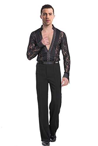 BOZEVON Herren Klassiker Latein Tanz Hemd Anzug Kostüme Performance Tanzen Spitze Hemd & Hose Jazz Outfits, Schwarz(Set), Tag 2XL = EU XL von BOZEVON