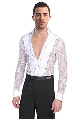 BOZEVON Herren Klassiker Latein Tanz Hemd Anzug Kostüme Performance Tanzen Spitze Hemd & Hose Jazz Outfits, Weiß(Hemd), Tag 4XL = EU 3XL von BOZEVON