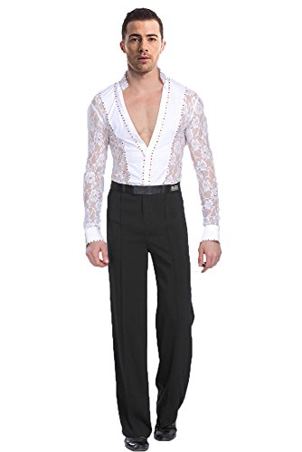 BOZEVON Herren Klassiker Latein Tanz Hemd Anzug Kostüme Performance Tanzen Spitze Hemd & Hose Jazz Outfits, Weiß(Set), Tag XL = EU L von BOZEVON