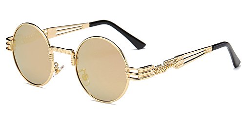 BOZEVON Kino Retro Steampunk Stil inspiriert Runde Metall Circle Sonnenbrille für Damen & Herren, Golden-Champagner von BOZEVON