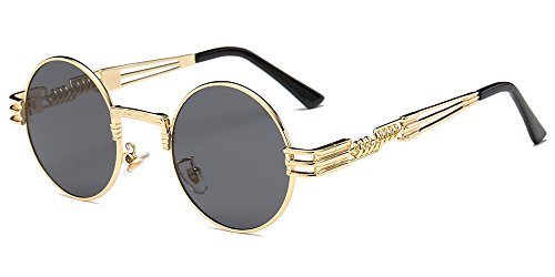 BOZEVON Kino Retro Steampunk Stil inspiriert Runde Metall Circle Sonnenbrille für Damen & Herren, Golden-Grau von BOZEVON