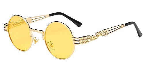 BOZEVON Kino Retro Steampunk Stil inspiriert Runde Metall Circle Sonnenbrille für Frauen & Männer Gold-Transparent Gelb von BOZEVON