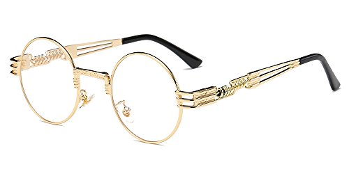 BOZEVON Kino Retro Steampunk Stil inspiriert Runde Metall Circle Sonnenbrille für Frauen & Männer Gold-Transparent von BOZEVON