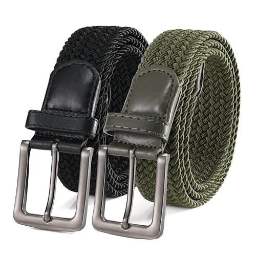 BOZEVON Lässig Elastischer Stoffgürtel - Stretchgürtel Elastik Flechtgürtel Geflochtener Dehnbarer Gürtel für Herren Schwarz*1 + Grün*1 von BOZEVON
