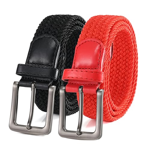 BOZEVON Lässig Elastischer Stoffgürtel - Stretchgürtel Elastik Flechtgürtel Geflochtener Dehnbarer Gürtel für Herren Schwarz*1 + Rot*1 von BOZEVON