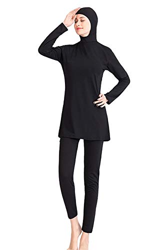 BOZEVON Muslimische Badebekleidung - Frauen Bescheiden Badeanzug Islamic Hijab Full Cover Zweiteiler Bademode Burkini, Reines Schwarz, EU 2XL=Tag 3XL von BOZEVON