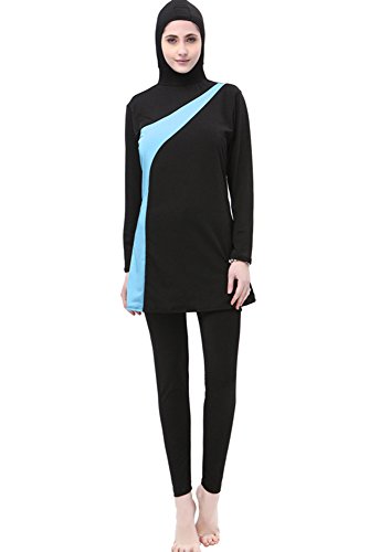 BOZEVON Muslimischen Badeanzug - Muslim Islamischen Bescheidene Badebekleidung Modest Swimwear Beachwear Burkini für Damen, Schwarz+Blau, EU 3XL=Tag 4XL von BOZEVON