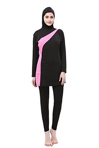 BOZEVON Muslimischen Badeanzug - Muslim Islamischen Bescheidene Badebekleidung Modest Swimwear Beachwear Burkini für Damen, Schwarz+Rosa, EU 2XL=Tag 3XL von BOZEVON