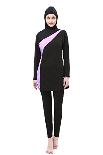 BOZEVON Muslimischen Badeanzug - Muslim Islamischen Bescheidene Badebekleidung Modest Swimwear Beachwear Burkini für Damen, Schwarz+Violett, EU 3XL=Tag 4XL von BOZEVON