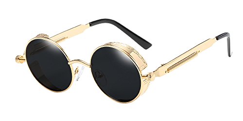 BOZEVON Punk Runde Sonnenbrille - Klassische Metall Radfahren Retro Sonnenbrille für Damen & Herren Gold-Grau von BOZEVON