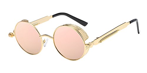 BOZEVON Punk Runde Sonnenbrille - Klassische Metall Radfahren Retro Sonnenbrille für Damen & Herren Gold-Pink von BOZEVON