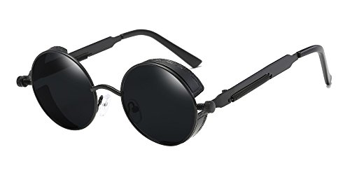 BOZEVON Punk Runde Sonnenbrille - Klassische Metall Radfahren Retro Sonnenbrille für Damen & Herren Schwarz-Grau von BOZEVON