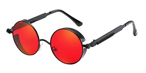 BOZEVON Punk Runde Sonnenbrille - Klassische Metall Radfahren Retro Sonnenbrille für Damen & Herren Schwarz-Rot von BOZEVON